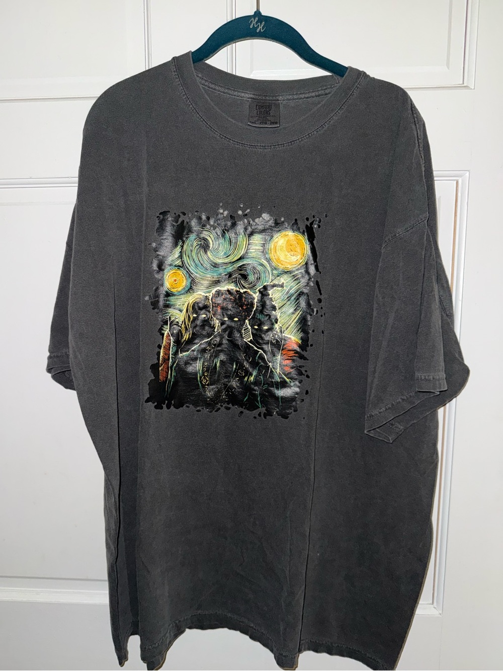 Divided Black Short Sleeve Tee with Starry Night–Style Graphic